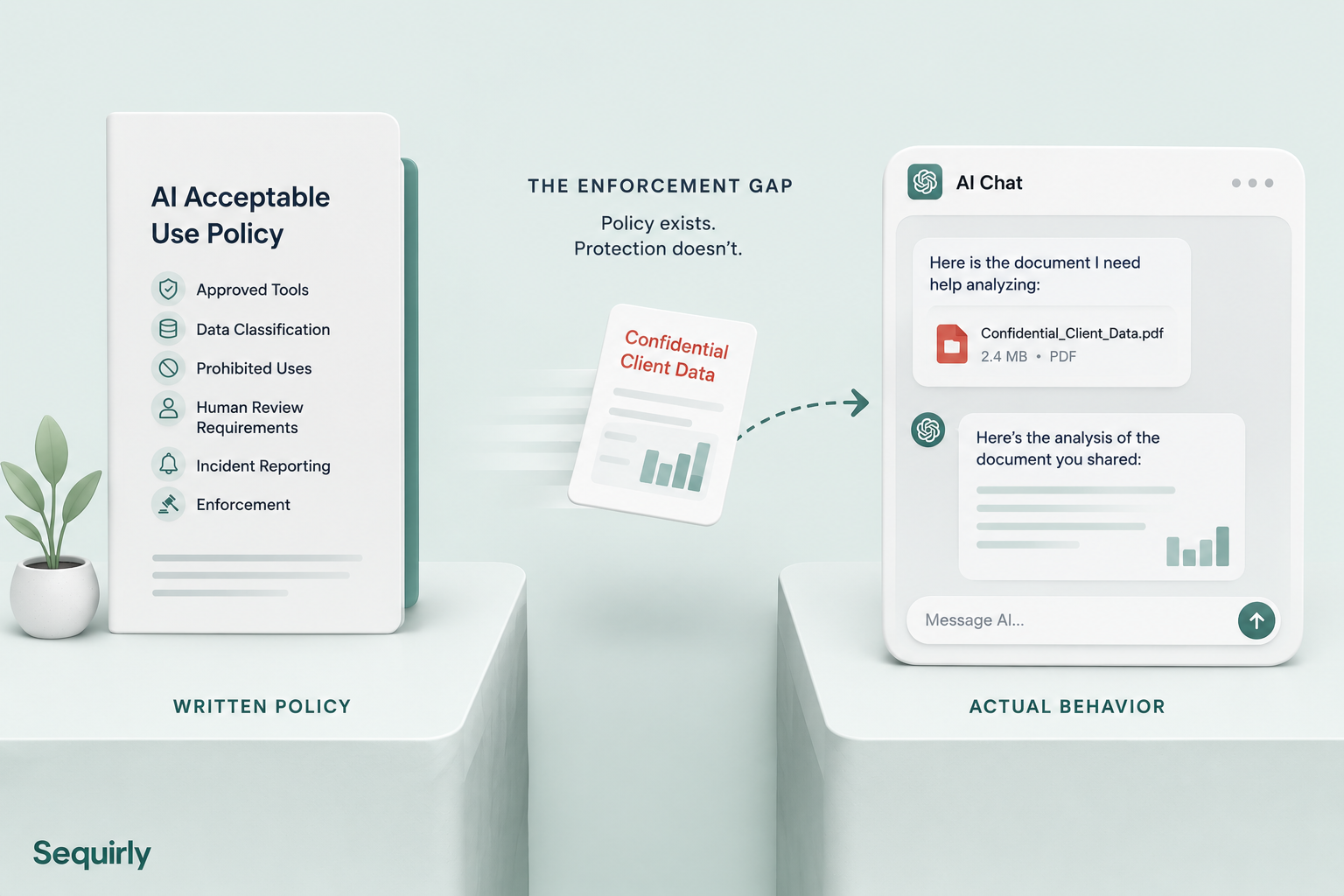 Diagram illustrating the gap between a written AI policy and actual behavior at the point of use