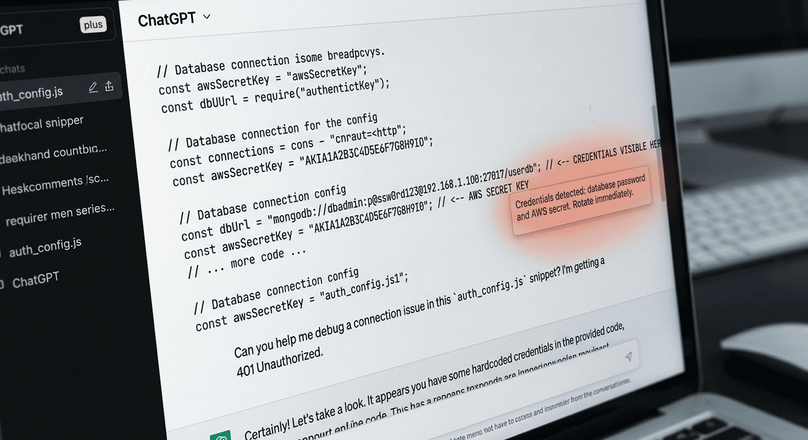 Code snippet with an API key visible inline, showing how credentials appear embedded alongside the code being debugged